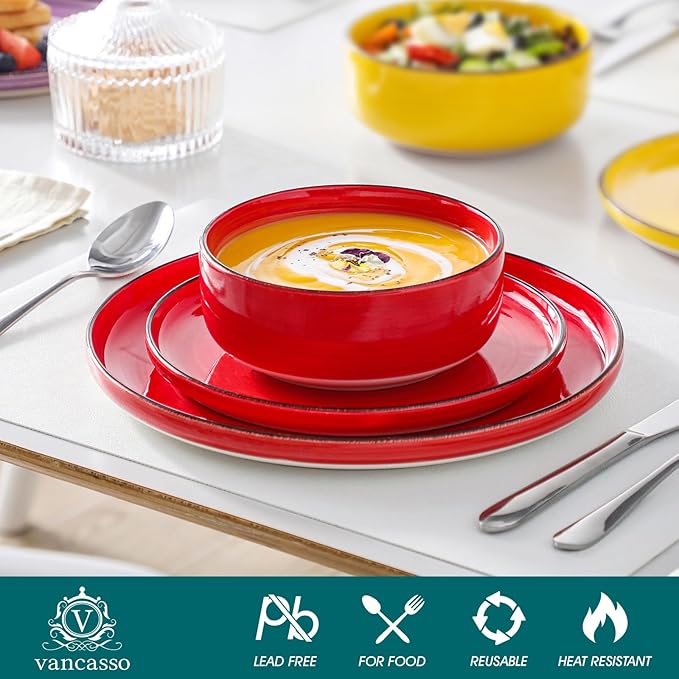 vancasso Bonita Stoneware Dinnerware Sets, 12 Pieces Dishes Set,Polished Round Plates and Bowls Set for 4, Dishwasher and Microwave Safe, Multicolor
