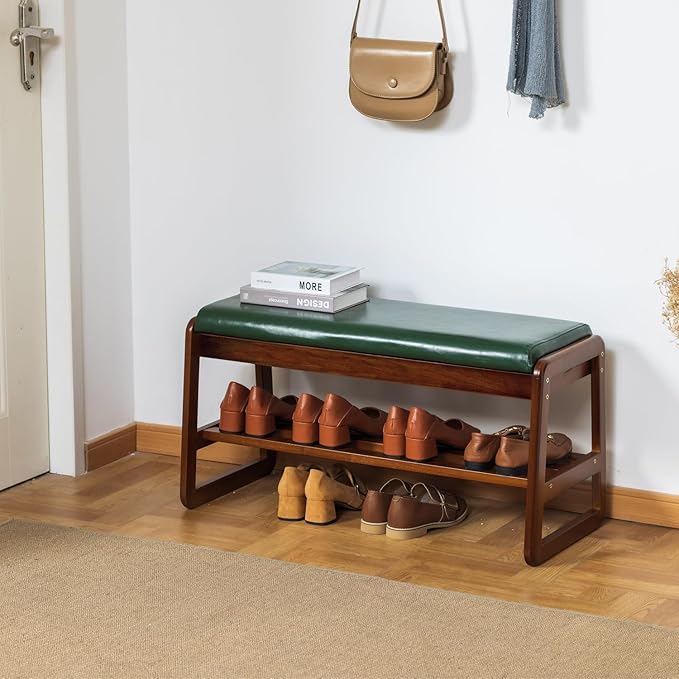 Shoe Rack Bench, Solid Wood Entryway Bench with Flip-Open Storage Box for Entry, Hallway (Green-31.5")