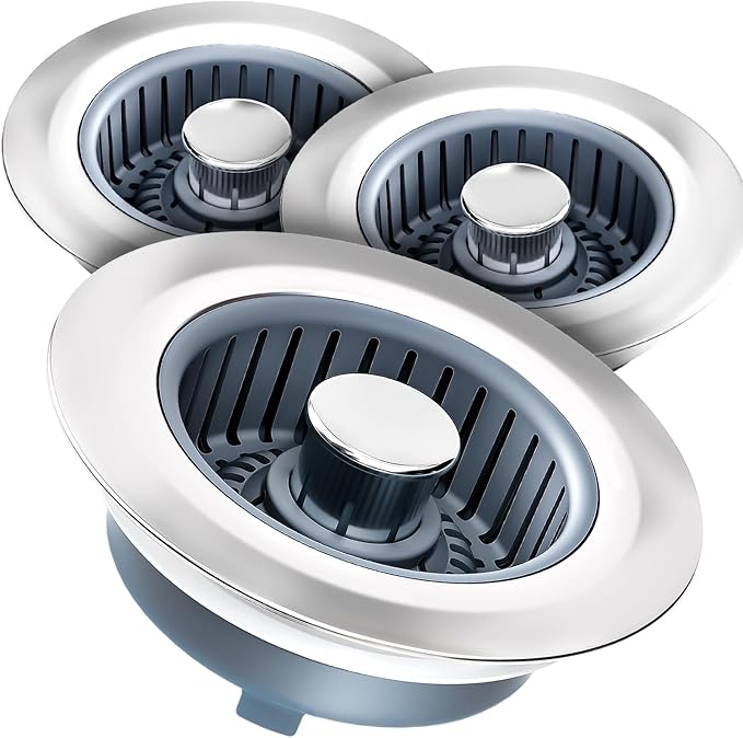 Kitchen Sink Drain Strainer & Sink Stopper, Upgraded 3 in 1 Stainless Steel Drain Plug Combo with Anti-Clog Basket, Pop Up Drain Cover for Standard 3-1/2'', Fits Double Bowl Kitchen Sinks