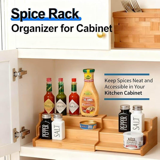 JinDoWin 2 Pack Bamboo Spice Organization for Cabinet, Cabinet Spice Organizer, 3-Tier Spice Rack Organizer for Cabinet, Kitchen Seasoning Organizer & Seasoning Rack