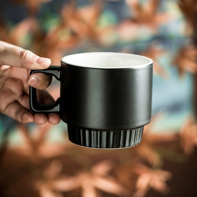 Stackable Coffee Mugs with Stand, 11oz Ceramic Latte Cup Set of 4 for Espresso Cappuccino Tea Hot Cocoa, Dishwasher & Microwave Safe, Black