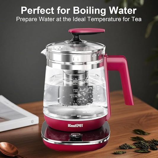 Electric Kettle, 1.5L Borosilicate Glass Hot Water Kettle Electric & Tea Kettle for Coffee or Tea, BPA Free, Auto Shut-Off, Stainless Steel, Red, 1200w