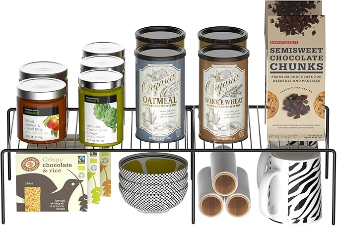 Redrubbit Expandable Metal Rustproof Kitchen Counter Shelf Rack, Space Saver for Kitchen, Fridge, Bathroom, Black, Set of 6