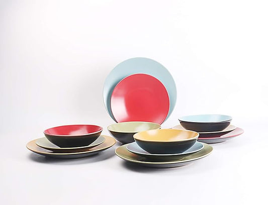 Stoneware Two-Tone Colors Life 12pc Dinnerware Set,Outside Shinny Black + Inside Matte Finished Very Funny - 4 Assorted Colors Turquoise, Olive, Curry, Red