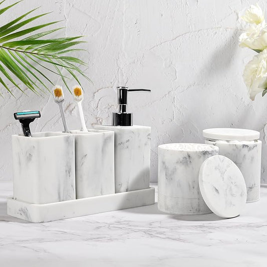 Bathroom Accessories Set, 6 Piece Bathroom Set with Toothbrush Holders, Soap Dispenser, Vanity Tray, Tumbler, Cotton Swab Jars, Bathroom Organizer,Bathroom Sink Sets, Artificial Marble White