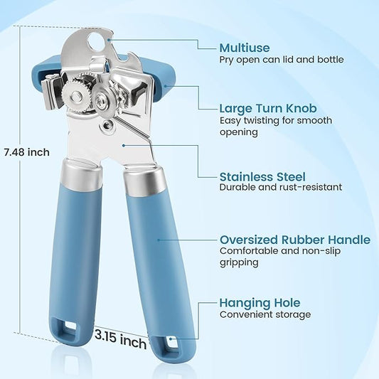 Heavy Duty Manual Can Opener with Magnet and Bottle Opener, Vayvnt Stainless Steel Can Opener, Oversized Handle Easy Use, Multifunctional Kitchen Essentials for Seniors, Sharp Blade&Smooth Edge, Blue