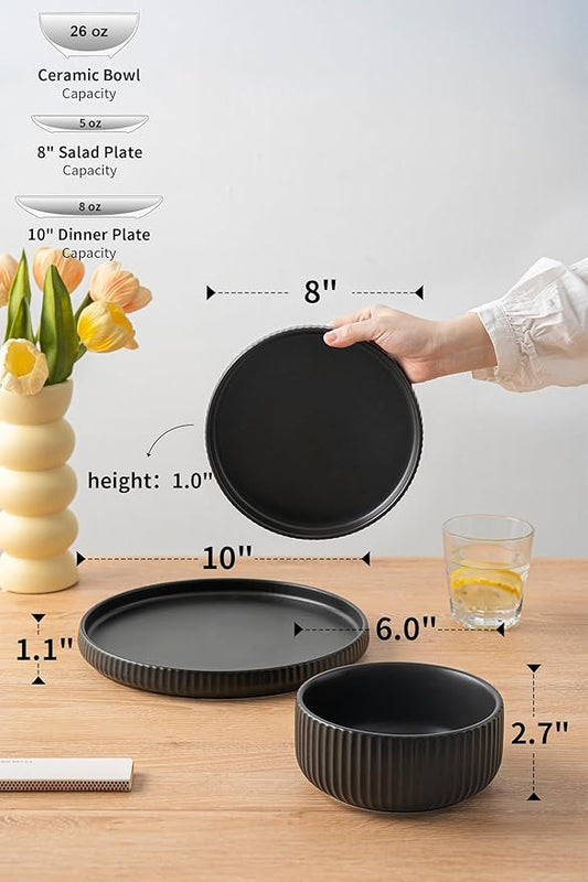 24 Piece Dinnerware Set,Bold Black Dish Set with Plates and Bowls for 8 – Premium Ceramic Tableware for Hosting & Large Gatherings