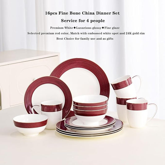 16-Piece Fine Bone China Dinnerware Set, Dinner Plates,Bowls and Mugs Set, Dishware Set for 4, With Selected Christmas Premium Red and Green pattern, White Embossed Spot Ornament and Gold Rim