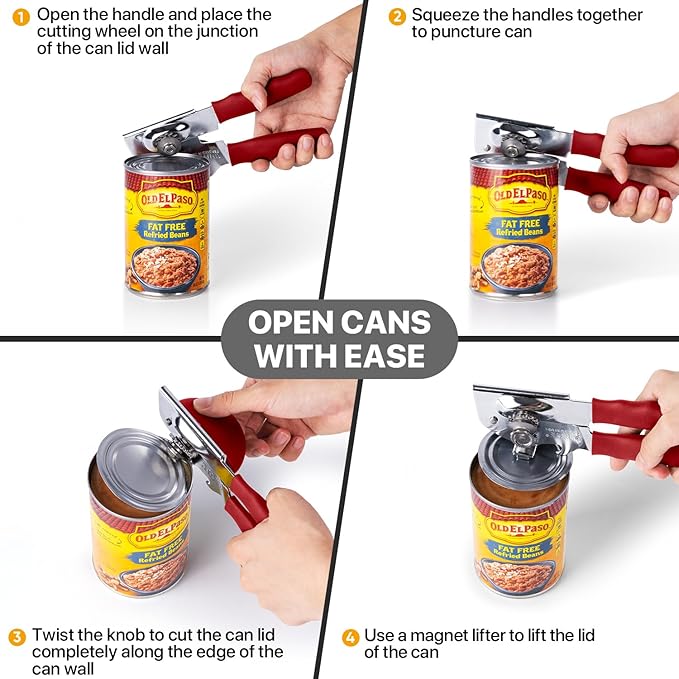 Can Opener Manual Heavy Duty, UHIYEE Hand Held Can Openers for Seniors with Comfort Grip Sharp Blade, Solid Steel Hand Manual Can Open with Magnet for Kitchen Camping, Red