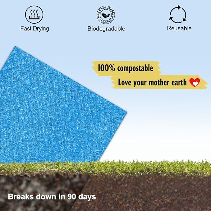 Swedish Dishcloths - 10 Pack Reusable Kitchen Dishcloths - Ultra Absorbent Dish Towels for Washing Dishes - Cellulose Sponge Cloth Cleaning Cloths - Blue