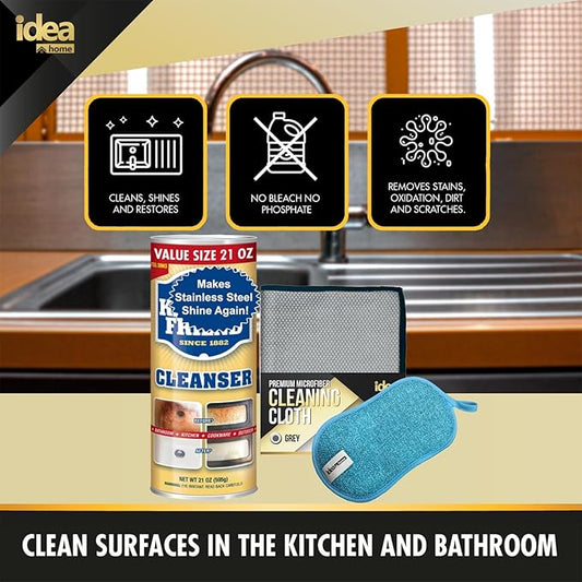 Idea Home ULTIMATE CLEANING KIT | Soft Cleanser 26 oz + Cleanser & Polish Powder 21 oz + Microfiber Cleaning Cloth + Multi-Purpose Non-Scratch Microfiber Sponge