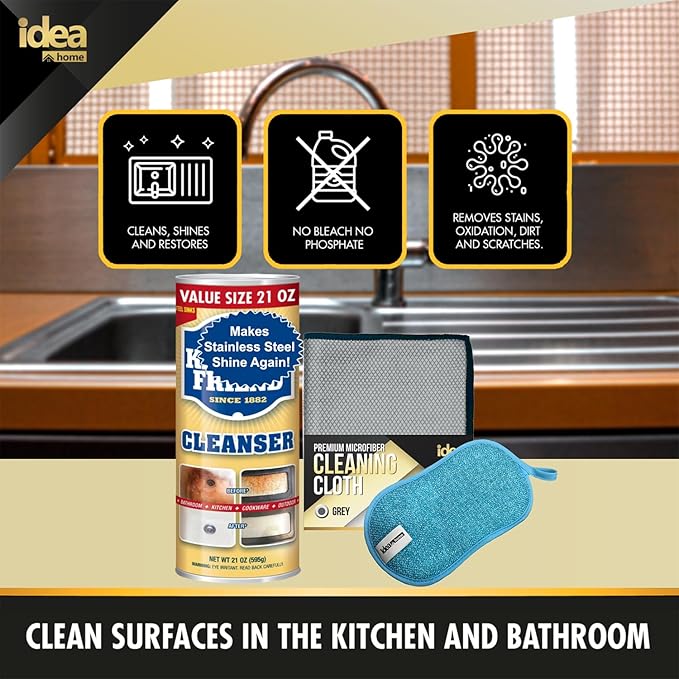 Idea Home ULTIMATE CLEANING KIT | Soft Cleanser 26 oz + Cleanser & Polish Powder 21 oz + Microfiber Cleaning Cloth + Multi-Purpose Non-Scratch Microfiber Sponge