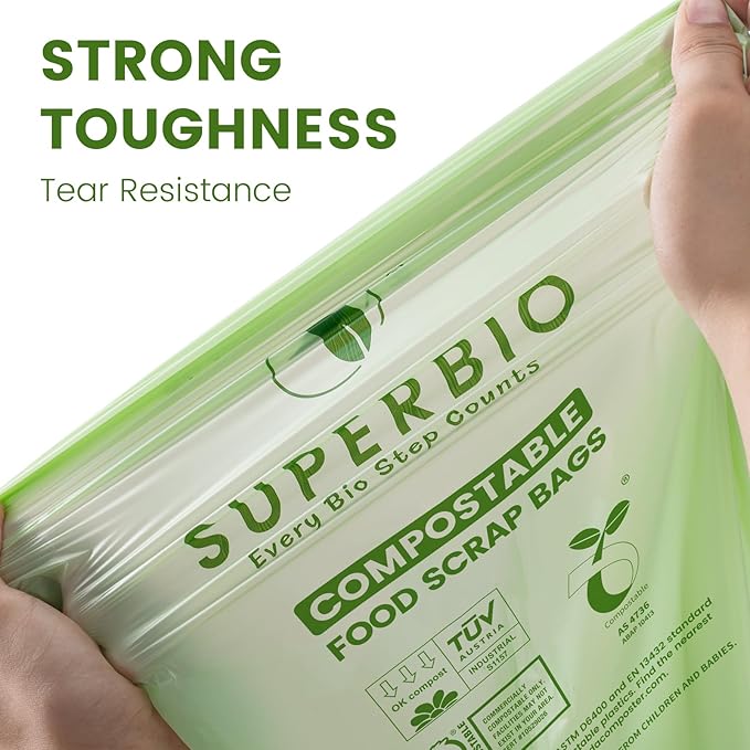 SUPERBIO 13 Gallon Flat Top Compostable Food Waste Bags, 50 Count, 2 Pack, 49.2L, 0.87 Mil, ASTM D6400 BPI and OK compost INDUSTRIAL