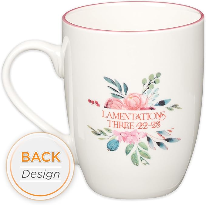 Christian Art Gifts Inspirational Ceramic Coffee & Tea Mug for Women: Mercies are New Every Morning Encouraging Bible Verse, Microwave & Dishwasher Safe Novelty Drinkware, White & Pink Floral 12 oz.