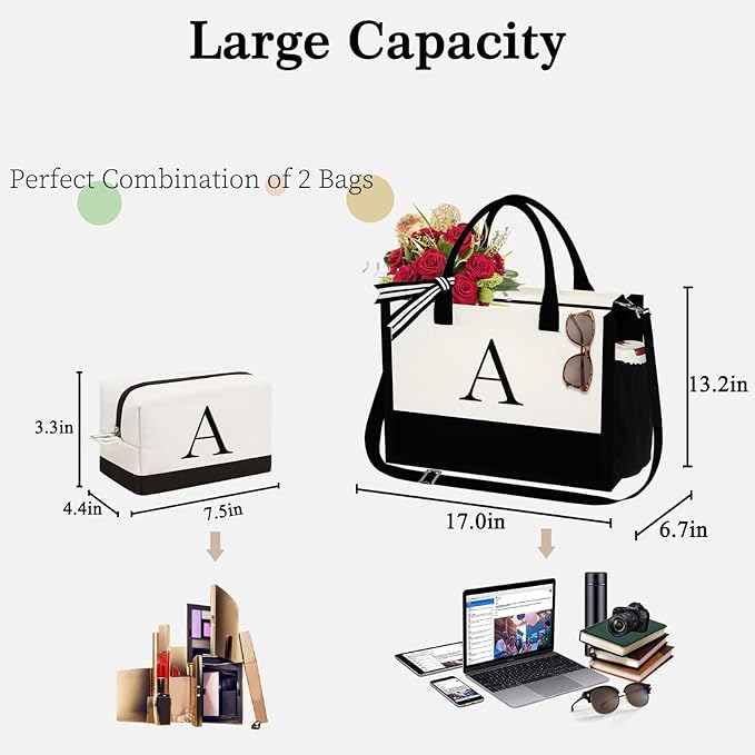 YOOLIFE Christmas Gifts for Women - Initial Canvas Tote Bag & Makeup Bag, Birthday Gifts for Women Mom Sister Friends