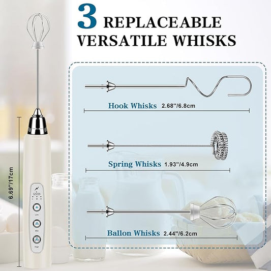 Milk Frother Handheld for Coffee, Electric Whisk 3 Speed Adjustable, Drink Mixer with Stainless 3 Whisks, Rechargeable Hand Frother Wand, for Latte Cappuccino Hot Chocolate Egg Beige
