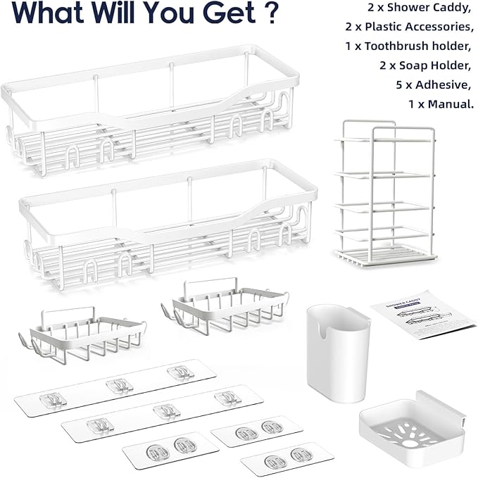 Shower Caddy Adhesive Shower Organizer 7-Pack, Rustproof Stainless Steel Bathroom Shelves, Large Capacity No-Drill Rack Storage Accessories with Soap Dish Toothbrush Holder Hooks (White)