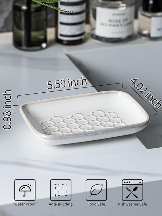 Gomakren Soap Dish for Shower, Bar Soap Holder, Christmas Ceramic Soap Dishes for Bar Soap, Sponge Holder Soap Saver Soap Tray for Bathroom Kitchen Sink, 5.5 Inch, Beige