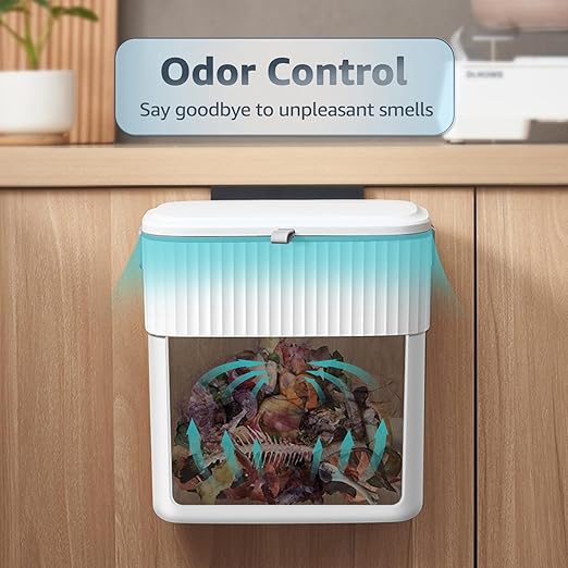 Hanging Trash Can with Lid, 2.3 Gallon Kitchen Garbage Bin Food Waste Container Convenient Durable Over Cabinet Door RV Counter Camping Cupboard Under Sink Compost Bathroom Wall Mounted