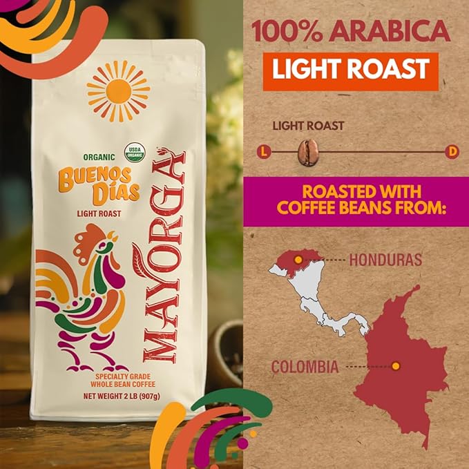 Mayorga Organic Coffee 2lb Buenos Dias - Light Roast Whole Bean Coffee Specialty Grade, 100% Arabica, Slow Roasted, Citrusy and Sweet Flavor with Low Acidity - USDA Organic, Non-GMO, Kosher