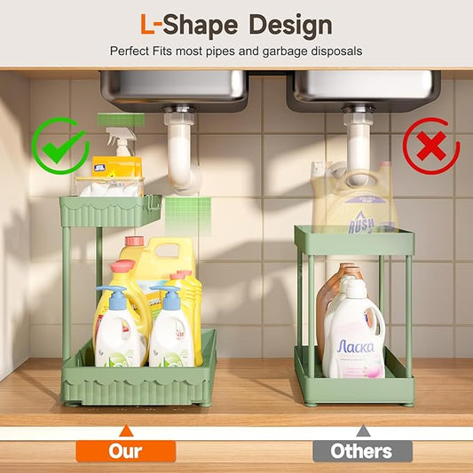 3 Pack Multi-Purpose Under Sink Organizers and Storage, 2025 L-Shaped Pull Out Cabinet Organizer for Bathroom & Kitchen, Under Cabinet Organizer with Hooks Hanging Cup, Green, 14.85 inch