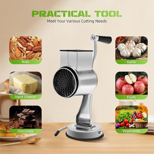 Stainless Steel Rotary Vegetable Cheese Grater Potato Slicer, 5-In-1 Countertop Cheese Grater Manual Kitchen Shredder Round Food Chopper with Blades for Cafeterias Restaurants Hotels