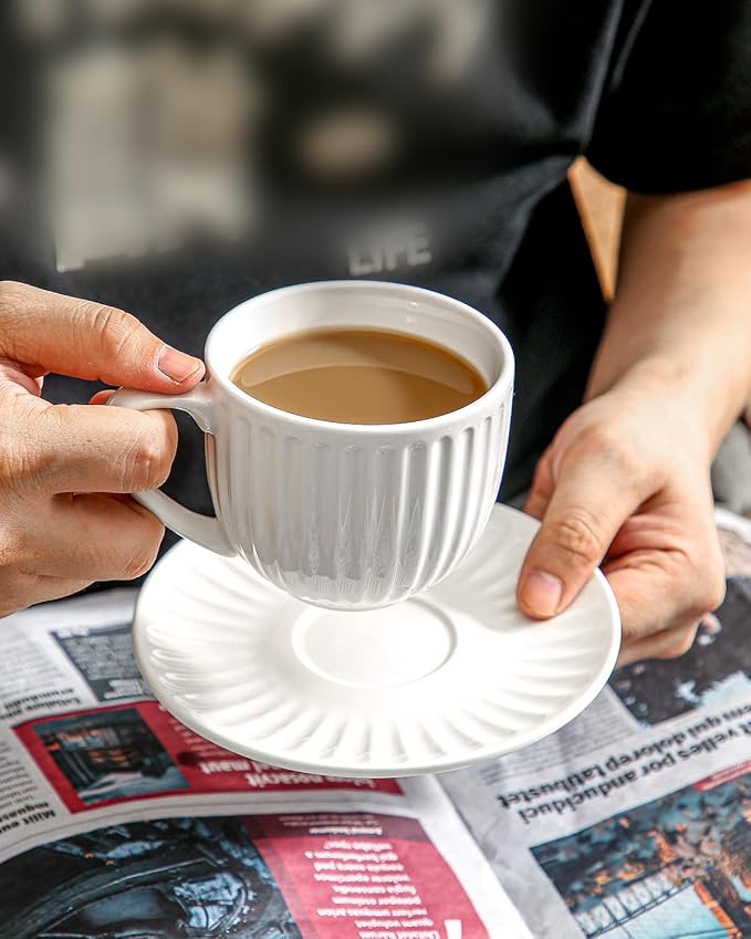 Hasense Ceramic Cappuccino Cups and Saucers - 8 Oz, Large Ribbed Latte Cups Set of 6 for Coffee,Tea,Latte and Macchiato, Demitasse Cups Set Aesthetic Gifty, White
