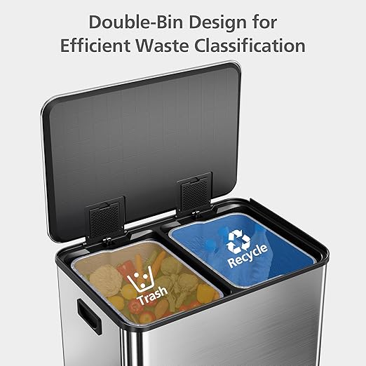 GarveeHome 60 L/16 gal Kitchen Trash Can,2×8 gal Pedal Trash Bin with Removable Baskets,Stainless Steel Garbage Can for Kitchen Office Restaurant School Hospital