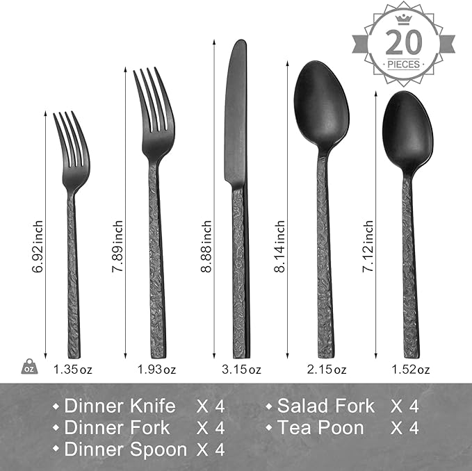 KINGSTONE 20 Pcs Black Hammered Silverware Set for 4, 18/10 Stainless Steel Heavy Duty Flatware Set, Tableware Cutlery Utensil Sets for Home Restaurant Dishwasher Safe