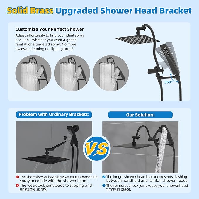 Hibbent All Metal Shower Head, 8'' High Pressure Rainfall Shower Head, Showerhead Combo, Handheld Shower Wand, 12'' Adjustable Curved Shower Extension Arm, 71'' Hose, Shower Head Holder, Matte Black