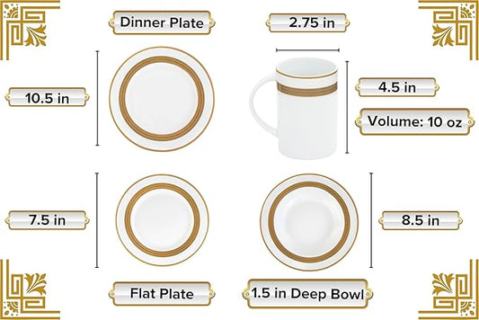 60 Piece Gorgeous Dinnerware Sets – Porcelain Plates, Mugs, Bowls – Elegant Vintage Rope Gold Design Dishware – White and Gold Dish Set for Kitchen Table, Formal Dining or Everyday Use (Rope Gold)