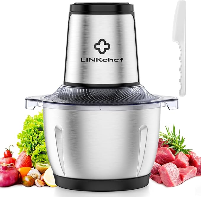 LINKChef Food Processor Small, 6 Cup Food Chopper with Container, 1.5L 250W Electric Meat Grinder for Home Use, Stainless Steel Mini Food Processor for Kitchen, Vegetable, Onion, Garlic, Salad