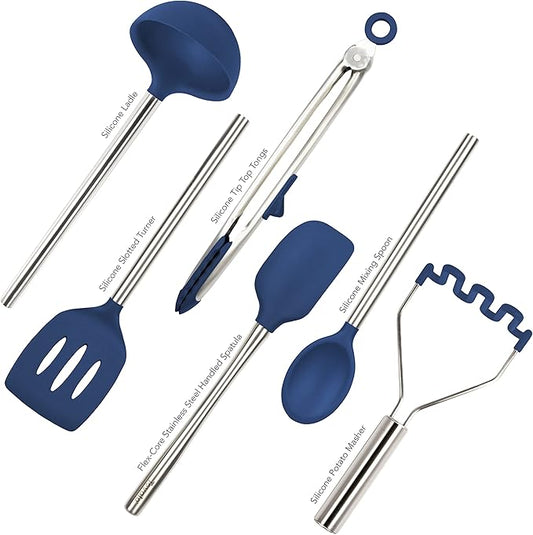 Tovolo Silicone Cooking Utensil Set of 6 Deep Indigo Ladle Slotted Turner Tongs Flex Core Spatula Scraper Mixing Spoon and Potato Masher, Dishwasher Safe Non Toxic BPA Free Silicone Kitchen Utensils