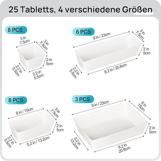 Vtopmart 25 PCS Plastic Drawer Organizers Set, 4-Size Versatile Bathroom and Vanity Drawer Organizer Trays, Storage Bins for Makeup, Bedroom, Kitchen Gadgets Utensils and Office