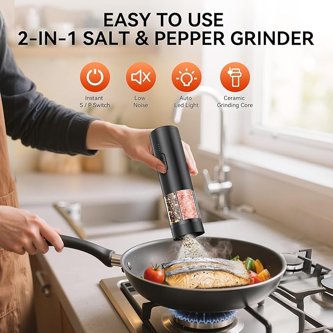 2 in 1 Electric Salt and Pepper Grinder Set, USB Rechargeable, Automatic Salt and Pepper Mill Shakers with Battery Display, LED Light, Adjustable Coarseness Ideal for Kitchen Gift(Black)
