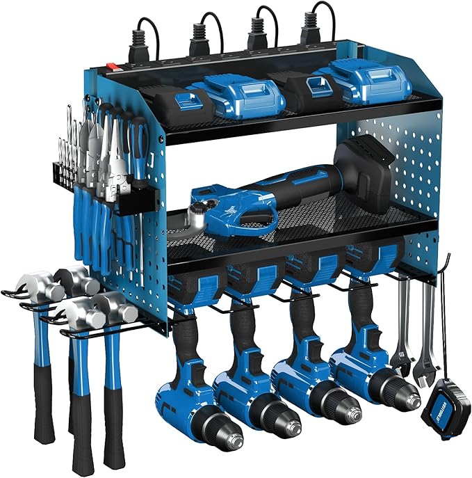 Veitorld Power Tool Organizer with Power Strip, 4 Drill Holders Tool Storage, Heavy Duty Rack for Garage Organization, Wall Mount Tool Organizer, Christmas Anniversary Birthday Gifts for Men Dad Him