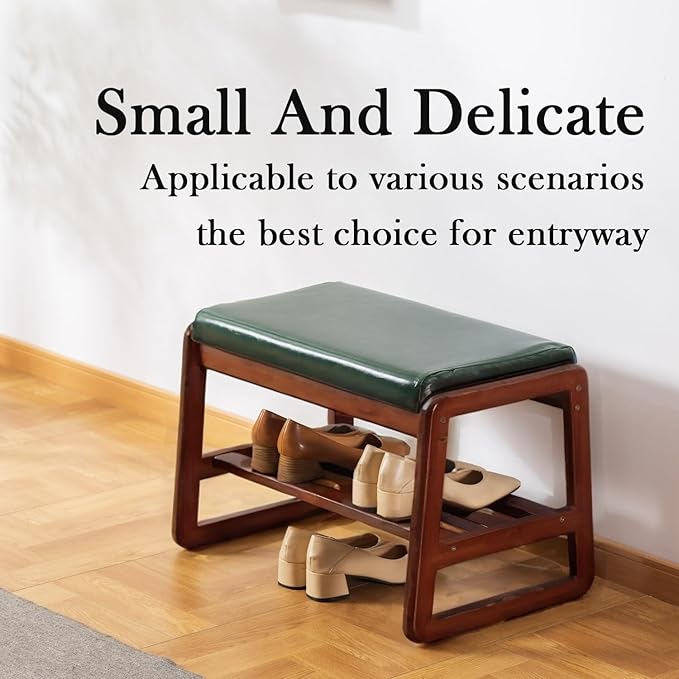 latifolia Solid Wood Bench, Entryway Shoe Bench with Cushion, 2 Tier Shoe Storage Organizer for Hallway, Living Room(Green,21.65''L)