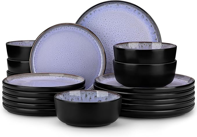 vancasso Plates and Bowls Sets, 18 Pieces Stoneware Dinnerware Sets for 6, Kitchen Dish Set Mircowave and Dishwasher Safe Dinner Set Ceramic Dishware, Light Purple, Series AMBER