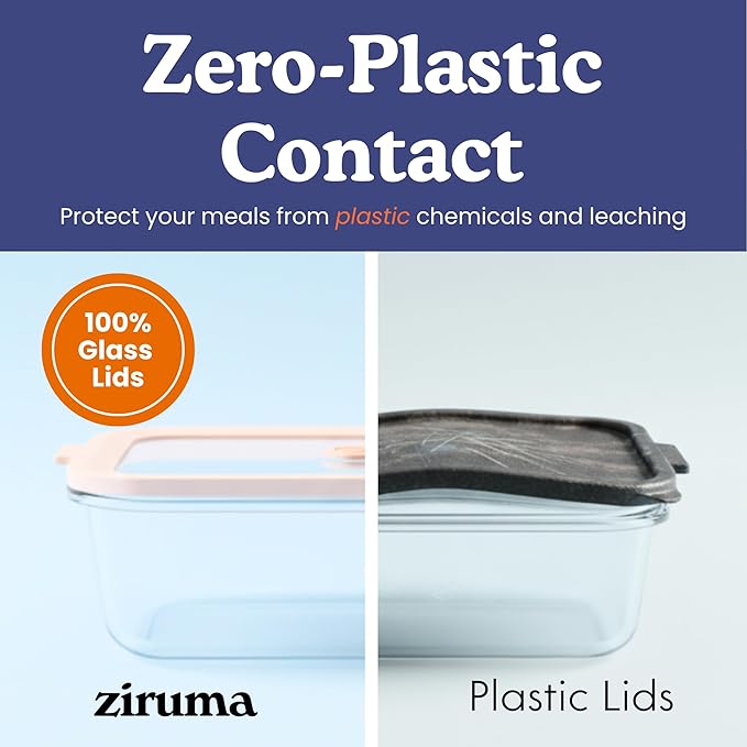 Ziruma Non-Toxic 4 Pack - Glass Food Storage Containers With Lids โ Plastic Free, Airtight Meal Prep Containers, Multi-Size (12, 21, 35, 50 Oz), Microwave & Freezer Safe
