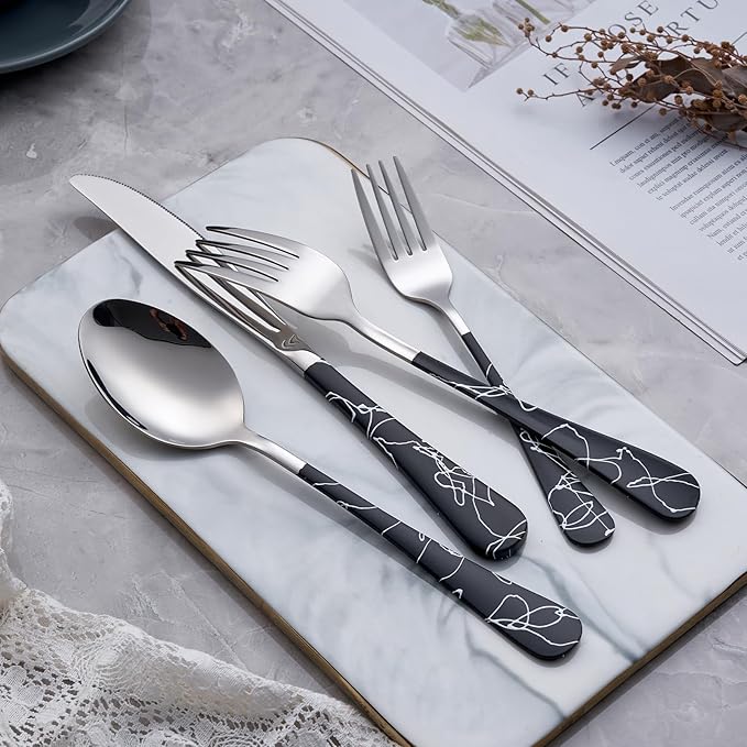 20-Piece Black cracks Silverware Set 18/0 Stainless Steel Silverware Set Yellow Handle Cutlery Black Set Service for 4 Dinner Knives Forks Spoons Set Flatware Set Finish Dishwasher Safe