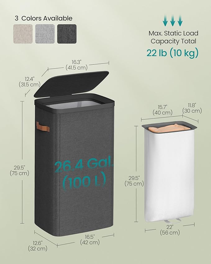 SONGMICS Laundry Basket, 26.4 Gal. Laundry Hamper, Easy Assembly, with Lid and Handles, Removable Liner, 16.5 x 12.6 x 29.5 Inches, Ink Black ULCB811BH01