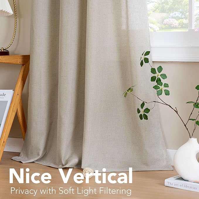 H.VERSAILTEX Living Room Linen Curtains - Semi Sheer, Nickel Grommet Energy Saving Light Filtering Window Treatments Panels for Bedroom, Oatmeal, 2 Panels, 52 x 63 Inch