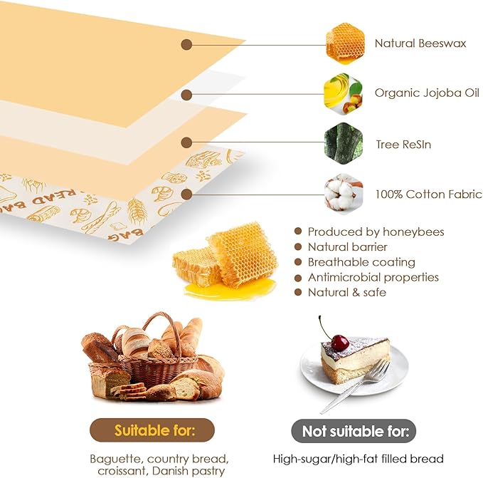 3-Pack Reusable Beeswax Bread Bags - Large 17x13 Inch for Sourdough & Homemade Bread Storage | All-Natural Beeswax Preservation, Eco-Friendly Cotton Food Bags - Easy to Clean & Daily Use