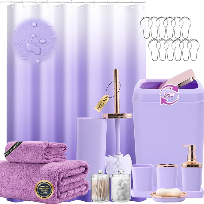 Purple Bathroom Accessories, 24 Pieces Light Purple Bathroom Accessories Set with Shower Curtain, Bath Towels, Trash Can, Soap Dispenser and Soap Dish for Bathroom/Housewarming