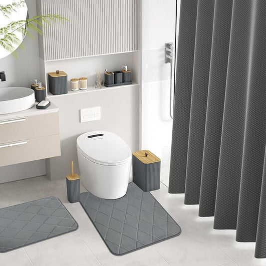 Bathroom Accessory Set - Grey Bathroom Set, 27PC Bathroom Accessories Set, Bathroom Sets with Shower Curtain and Rugs, Mini Trash Can, Toilet Brush, Trash Can & Soap Dispenser