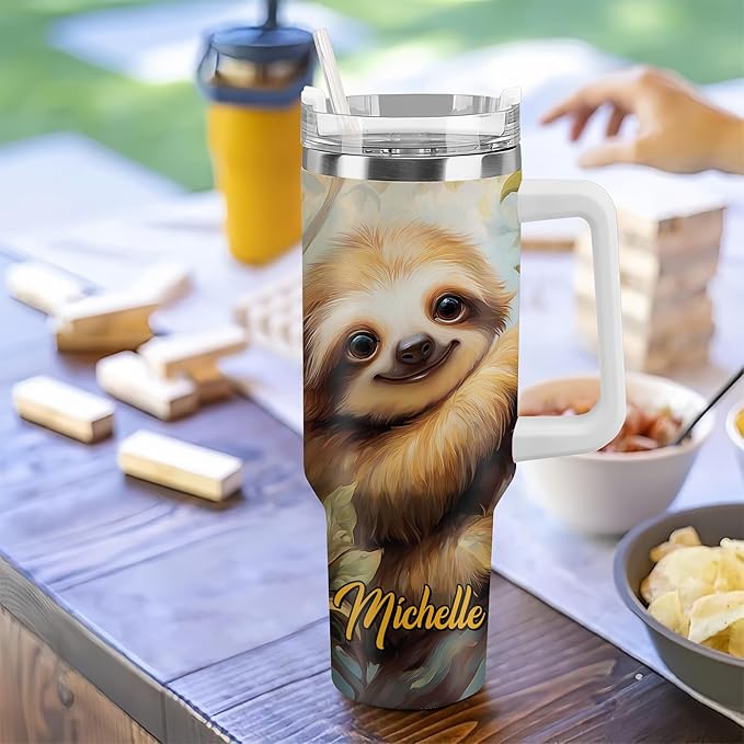 Personalized Sloth 40oz Tumbler with Handle and Straw Gifts for Animal Lovers, Sloth Lovers Cup for Women Girl, Cute Animal Birthday Christmas Gift, Custom Name Stainless Steel Travel Cup