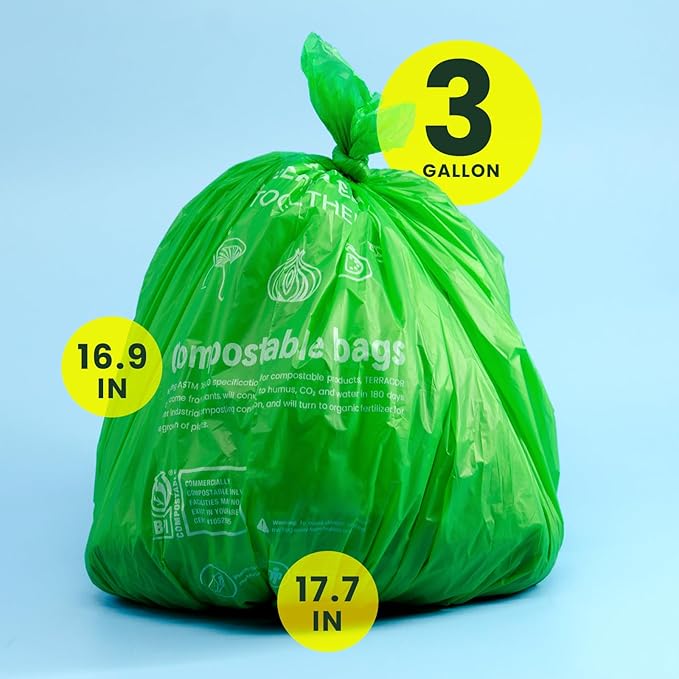3 Gallon Compostable Trash Bags, Compost Bags for Countertop Bin, 200 Count (Pack of 2) BPI Certified and Meet The ASTM D6400 Standard