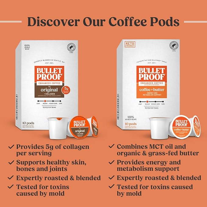 Bulletproof Coffee + Organic Grass-Fed Butter Single-Serve Pods, 10 Count, Keto Coffee, All-in-one Recipe with MCT Oil and Butter, Packaging May Vary