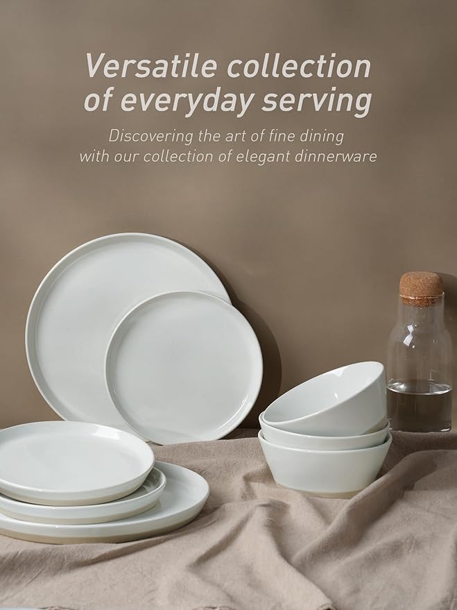 Famiware Saturn Dinnerware Set with Pasta Bowl, 16 Pieces Dish Set, Plates and Double Bowls Sets for 4, Chip and Scratch Resistant, Microwave and Dishwasher Safe Tableware, White