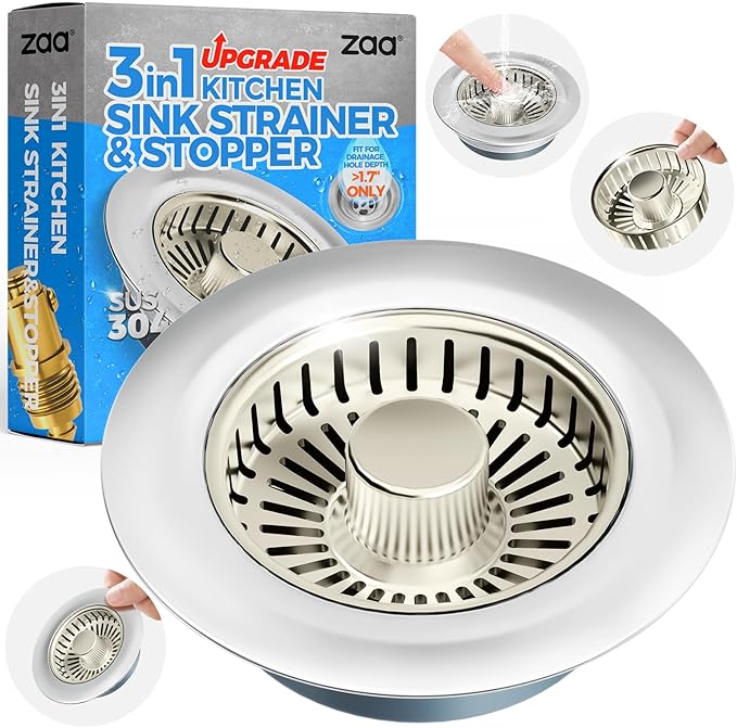 zaa Kitchen Sink Drain Strainer - Kitchen Sink Stopper, 304 Stainless Steel Sink Drain Stopper, Sink Protector for Kitchen with Anti-Clog Filter, Fit US Standard 3-1/2'' Sink Drain Hole, Nickel